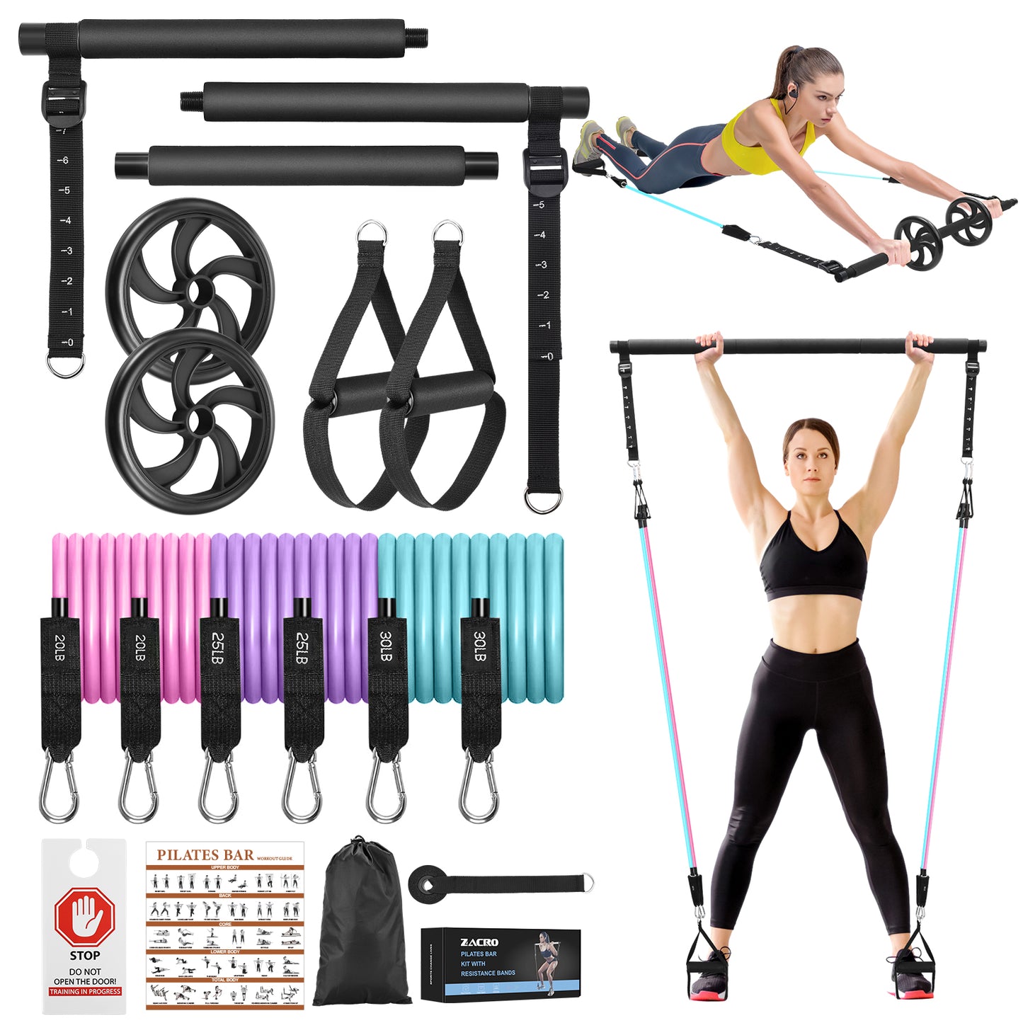 Zacro Pilates Bar with Resistance Bands, Pilates Bar with Ab Roller for Abs Workout, with 3 Level Resistance Bands, Portable Home Gym Yoga Pilates Bar Kit for Full Body Workouts for Women and Men