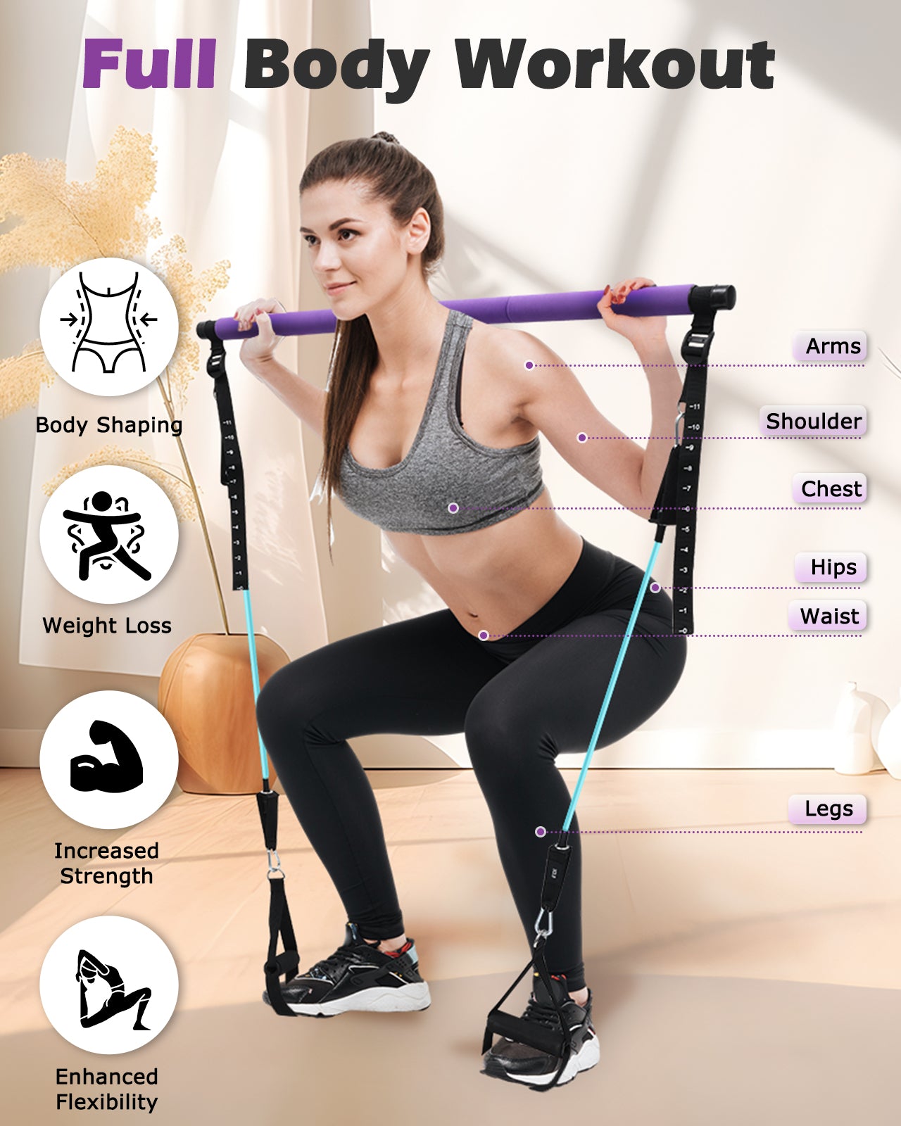 Zacro Pilates Bar Kit with Resistance Bands, 3-Section Pilates Bar with Adjustable Strap, Door Anchor, Handles and Foot Strap, Portable Home Gym Pilates Resistance Bar Kit for Full Body Workouts