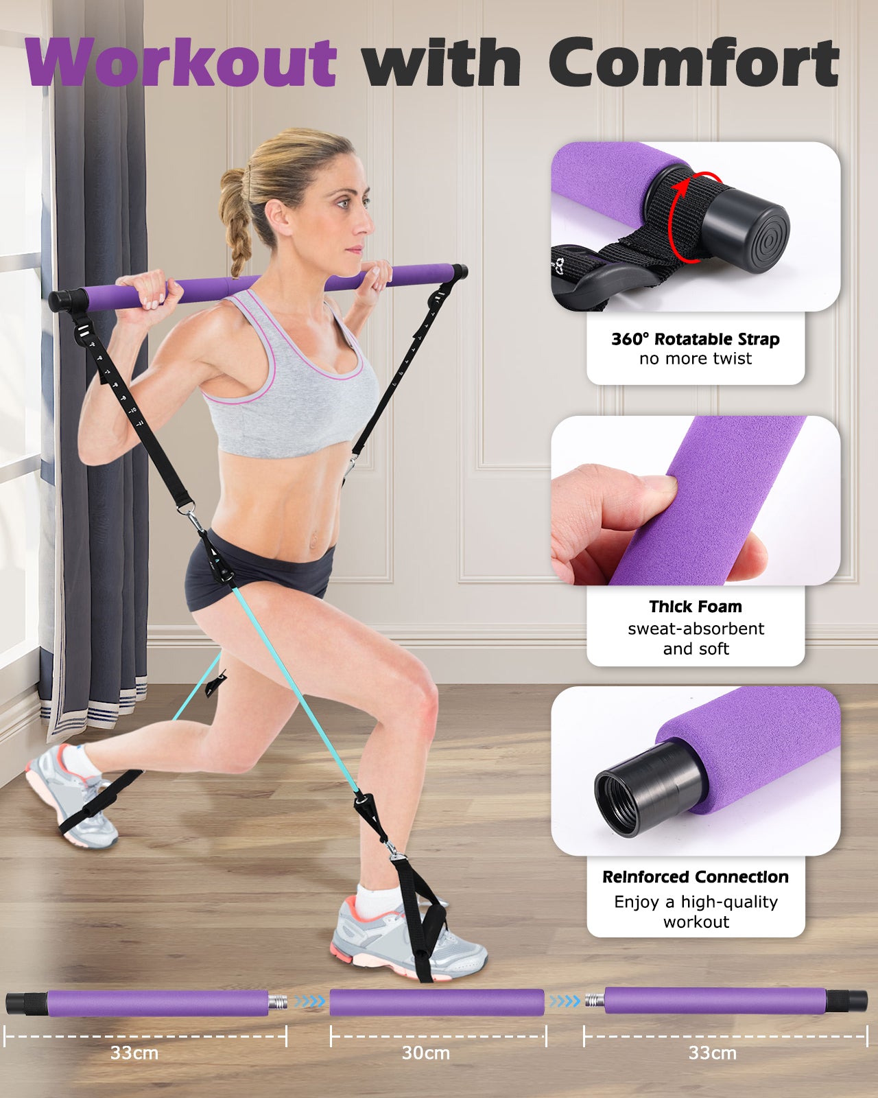 Zacro Pilates Bar with Resistance Bands, Pilates Bar with Ab Roller for Abs Workout, with 30/40/50 LBS Resistance Bands, Portable Home Gym Yoga Pilates Bar Kit for Full Body Workouts for Women and Men